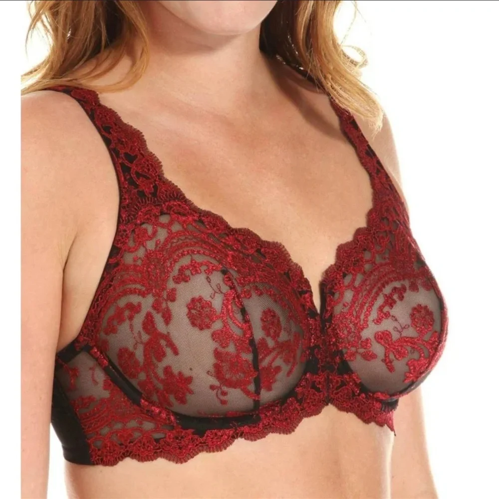 Lunaire 36 DD Lace Embroidered Bra Luxurious Red Burgundy and Black‎ Underwire